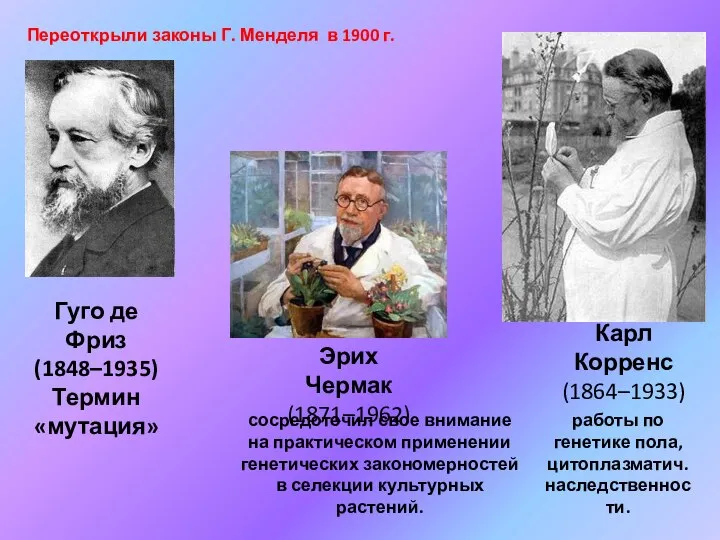 Гуго де Фриз (1848–1935) Термин «мутация» сосредоточил свое внимание на практическом