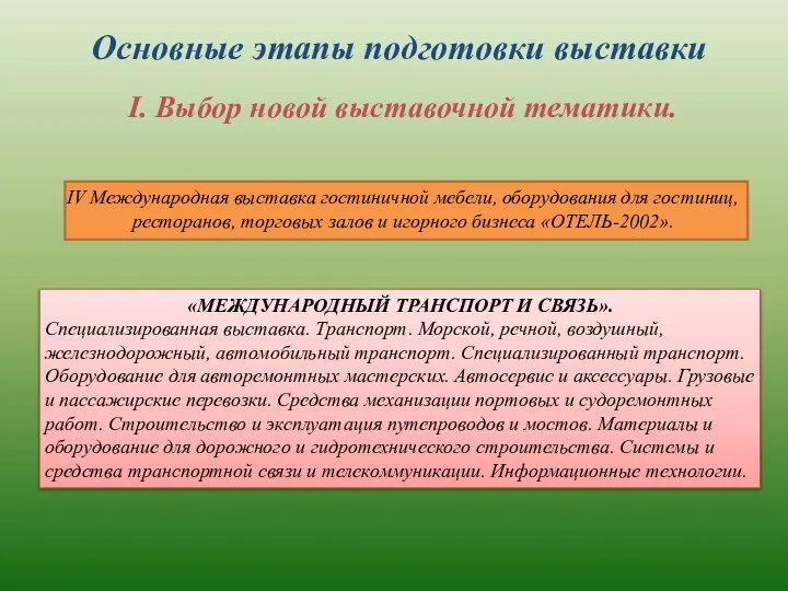 Основные этапы подготовки выставки I. Выбор новой выставочной тематики. IV Международная