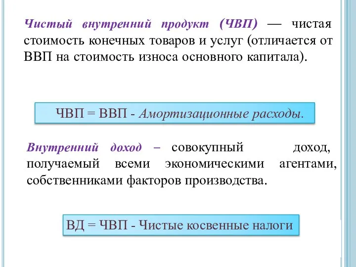 Чистый внутренний продукт (ЧВП) — чистая стоимость конечных товаров и услуг