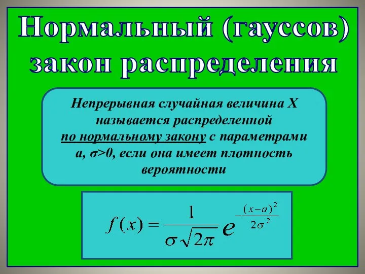 Нормальный (гауссов) закон распределения Непрерывная случайная величина Х называется распределенной по