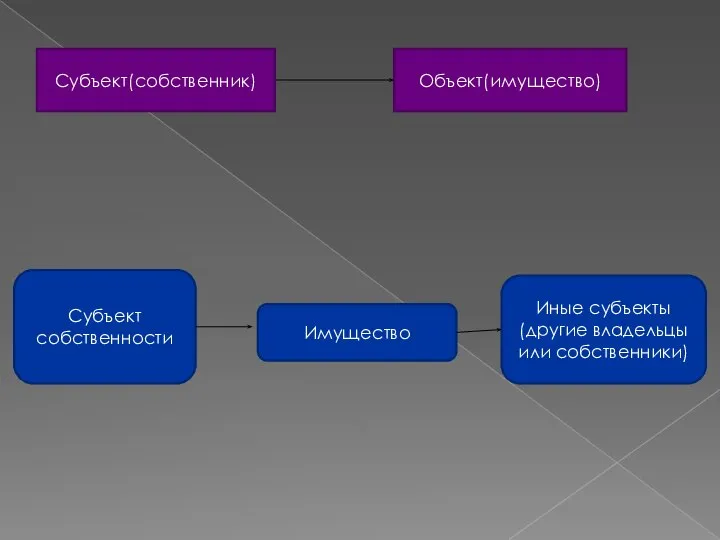 Субъект(собственник) Объект(имущество) Субъект собственности Имущество Иные субъекты(другие владельцы или собственники)