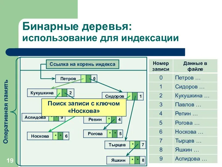 Бинарные деревья: использование для индексации Ссылка на корень индекса Оперативная память Поиск записи с ключом «Носкова»