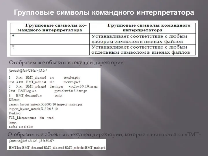 Групповые символы командного интерпретатора Отобразим все объекты в текущей директории Отобразим