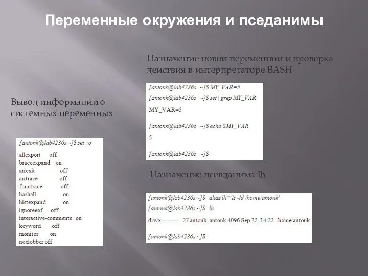 Переменные окружения и пседанимы Вывод информации о системных переменных Назначение новой