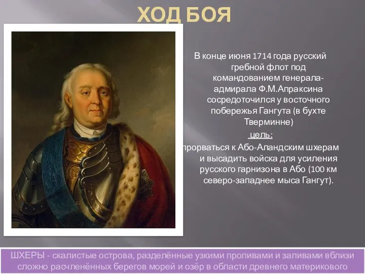 ХОД БОЯ В конце июня 1714 года русский гребной флот под