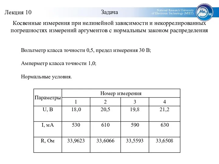 Вольтметр класса точности 0,5, предел измерения 30 В; Амперметр класса точности