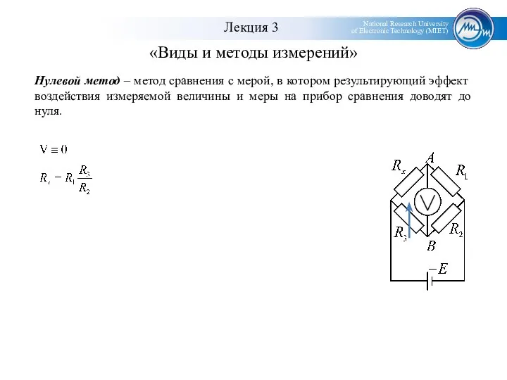 «Виды и методы измерений» Нулевой метод – метод сравнения с мерой,