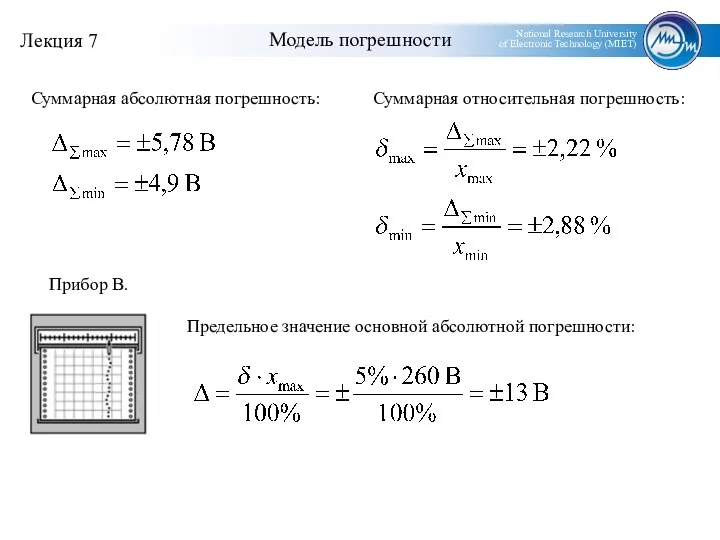 Модель погрешности Предельное значение основной абсолютной погрешности: Суммарная абсолютная погрешность: Суммарная относительная погрешность: