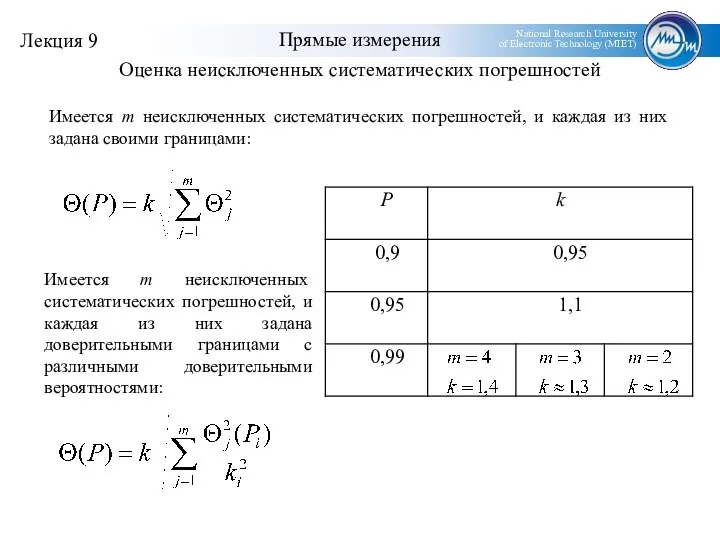 Прямые измерения Оценка неисключенных систематических погрешностей