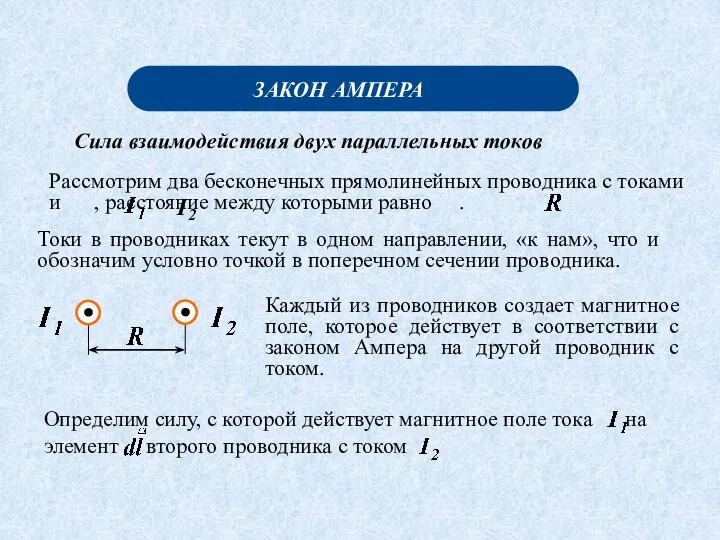 Сила взаимодействия двух параллельных токов ЗАКОН АМПЕРА Рассмотрим два бесконечных прямолинейных