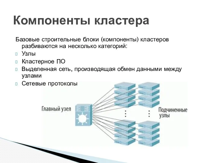 Базовые строительные блоки (компоненты) кластеров разбиваются на несколько категорий: Узлы Кластерное