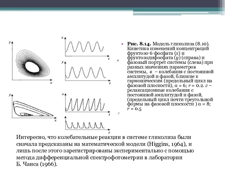 Рис. 8.14. Модель гликолиза (8.10). Кинетика изменений концентраций фруктозо‑6‑фосфата (х) и