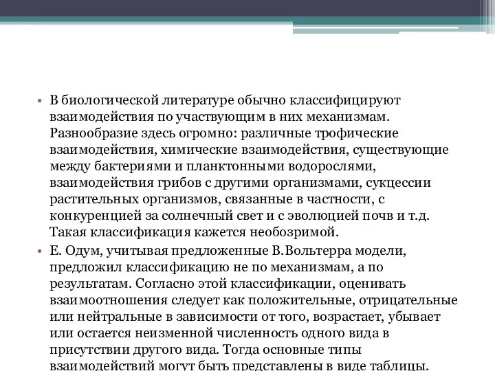 В биологической литературе обычно классифицируют взаимодействия по участвующим в них механизмам.