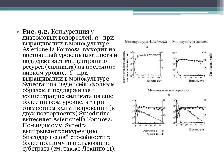 Рис. 9.2. Конкуренция у диатомовых водорослей. а ‑ при выращивании в