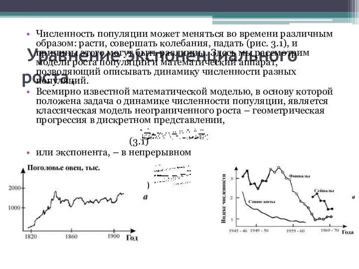 Уравнение экспоненциального роста. Численность популяции может меняться во времени различным образом: