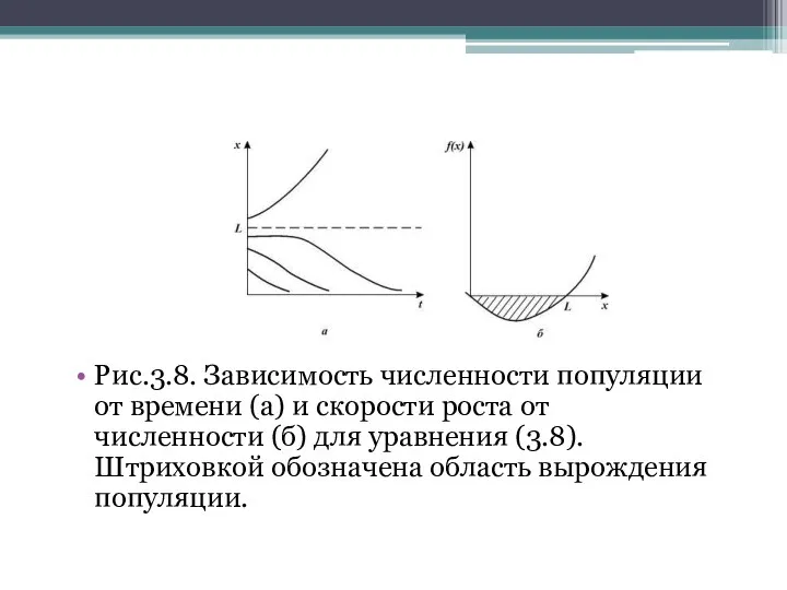 Рис.3.8. Зависимость численности популяции от времени (а) и скорости роста от