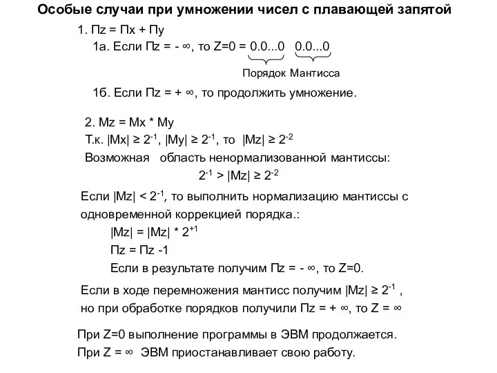 Особые случаи при умножении чисел с плавающей запятой 1б. Если Пz