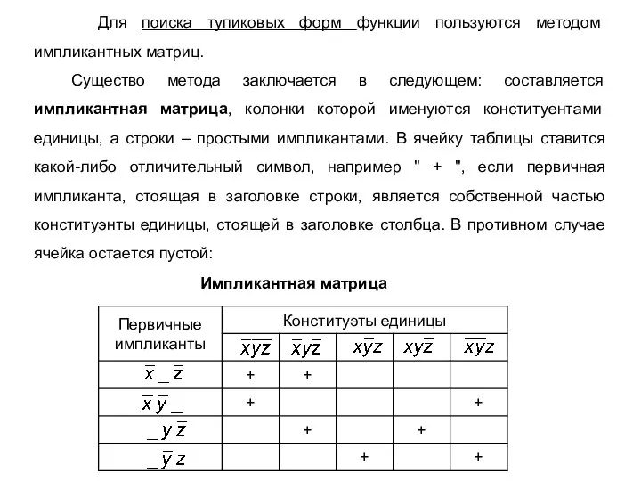 Импликантная матрица Для поиска тупиковых форм функции пользуются методом импликантных матриц.