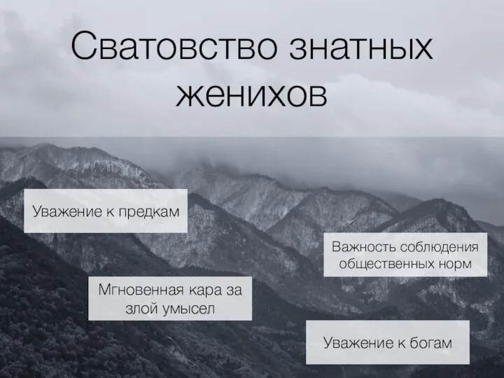 Сватовство знатных женихов Уважение к предкам Важность соблюдения общественных норм Мгновенная