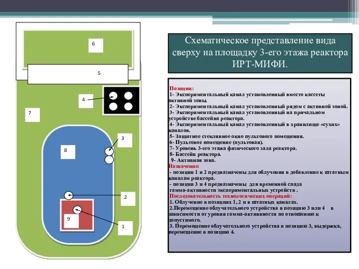 Схематическое представление вида сверху на площадку 3-его этажа реактора ИРТ-МИФИ. Позиции: