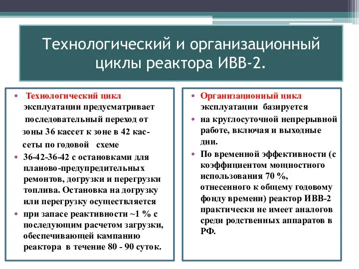 Технологический и организационный циклы реактора ИВВ-2. Texнологический цикл эксплуатации предусматривает последовательный