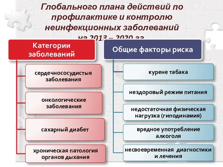 Глобального плана действий по профилактике и контролю неинфекционных заболеваний на 2013 – 2020 гг.