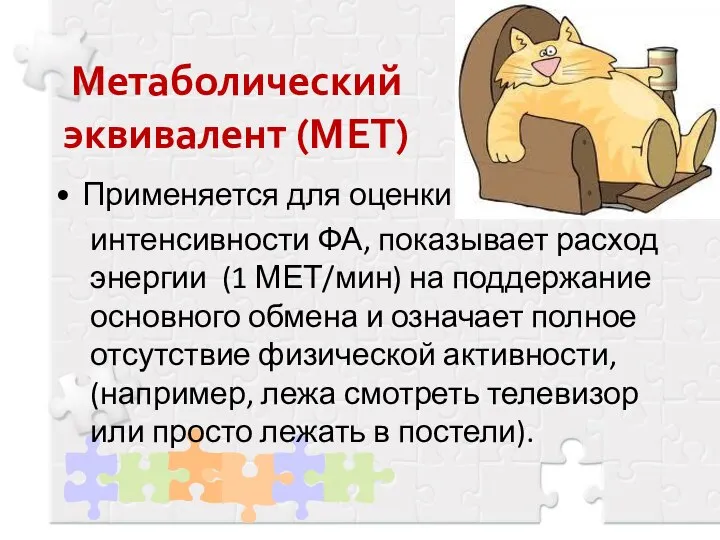 Метаболический эквивалент (МЕТ) Применяется для оценки интенсивности ФА, показывает расход энергии