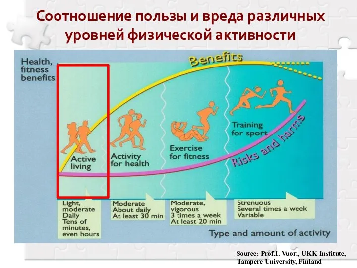 Source: Prof.I. Vuori, UKK Institute, Tampere University, Finland Соотношение пользы и вреда различных уровней физической активности