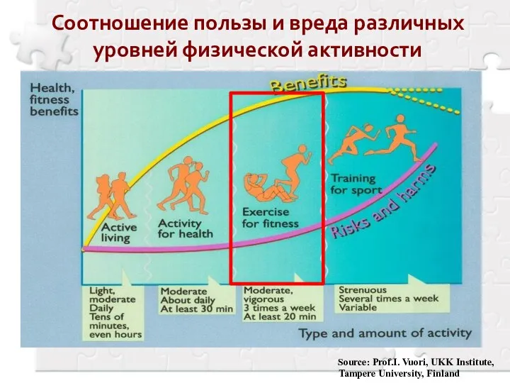 Source: Prof.I. Vuori, UKK Institute, Tampere University, Finland Соотношение пользы и вреда различных уровней физической активности