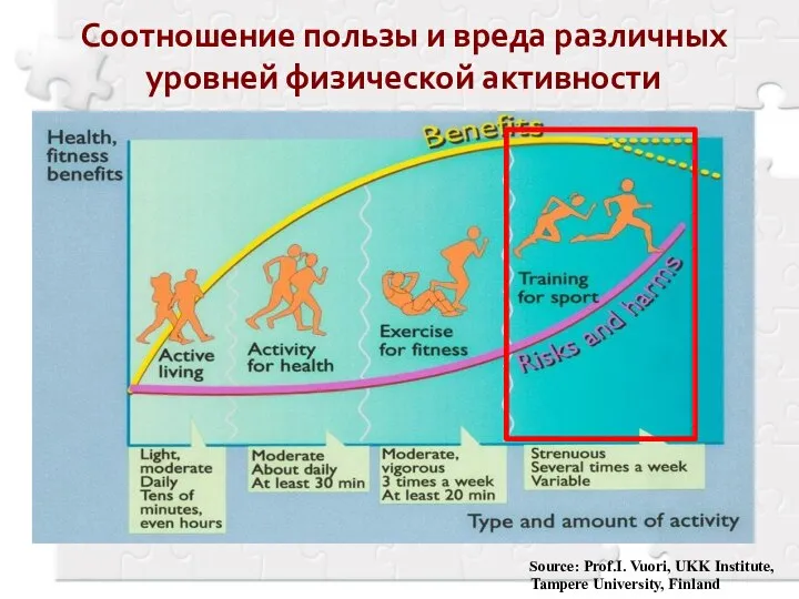 Source: Prof.I. Vuori, UKK Institute, Tampere University, Finland Соотношение пользы и вреда различных уровней физической активности