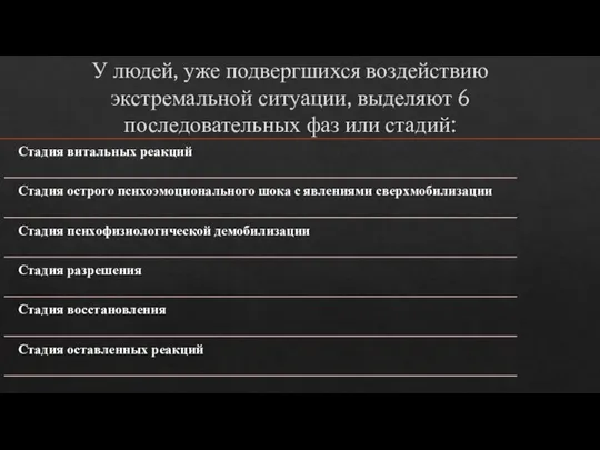 У людей, уже подвергшихся воздействию экстремальной ситуации, выделяют 6 последовательных фаз или стадий: