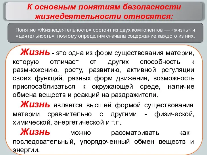 К основным понятиям безопасности жизнедеятельности относятся: Жизнь - это одна из