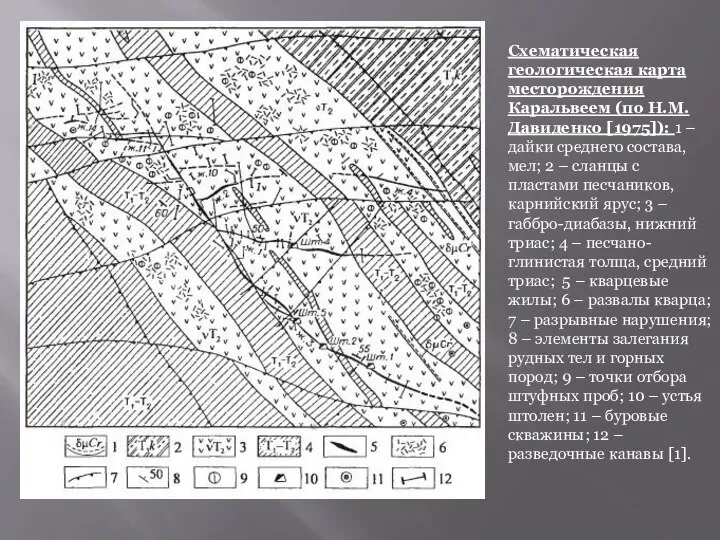 Схематическая геологическая карта месторождения Каральвеем (по Н.М. Давиденко [1975]): 1 –