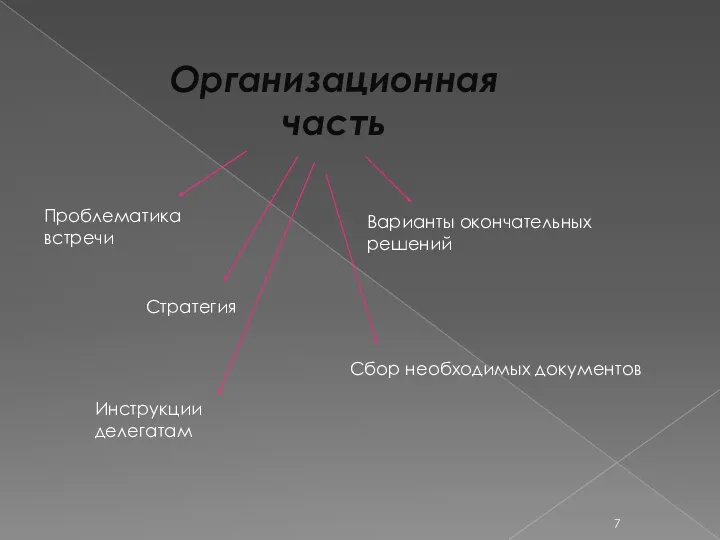 Организационная часть Проблематика встречи Стратегия Варианты окончательных решений Сбор необходимых документов Инструкции делегатам