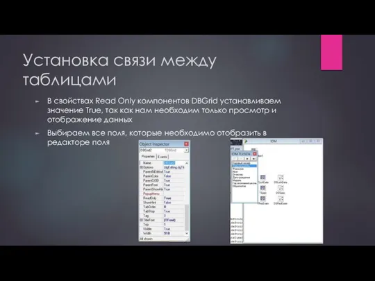 Установка связи между таблицами В свойствах Read Only компонентов DBGrid устанавливаем