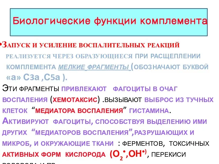 Биологические функции комплемента Запуск и усиление воспалительных реакций реализуется через образующиеся