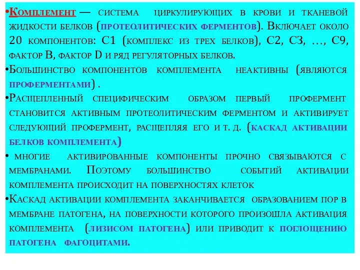 Комплемент — система циркулирующих в крови и тканевой жидкости белков (протеолитических