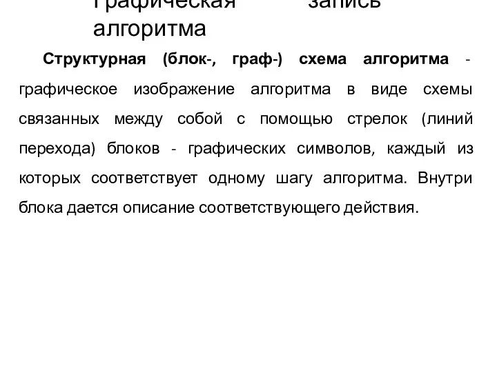 Графическая запись алгоритма Структурная (блок-, граф-) схема алгоритма - графическое изображение