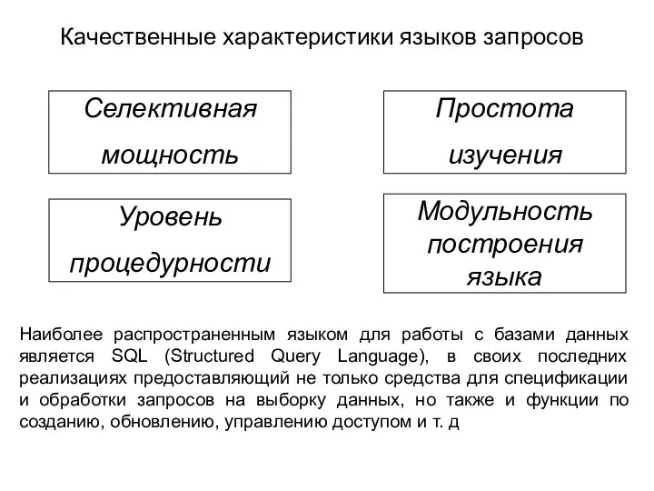 Качественные характеристики языков запросов Селективная мощность Простота изучения Уровень процедурности Модульность