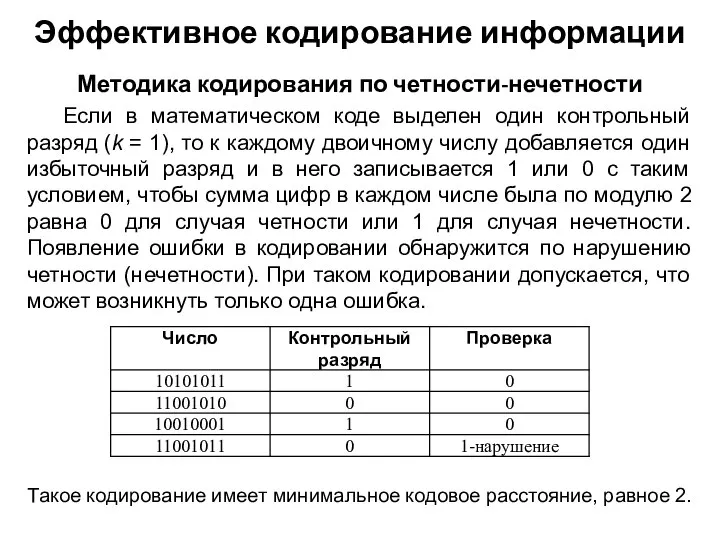 Если в математическом коде выделен один контрольный разряд (k = 1),