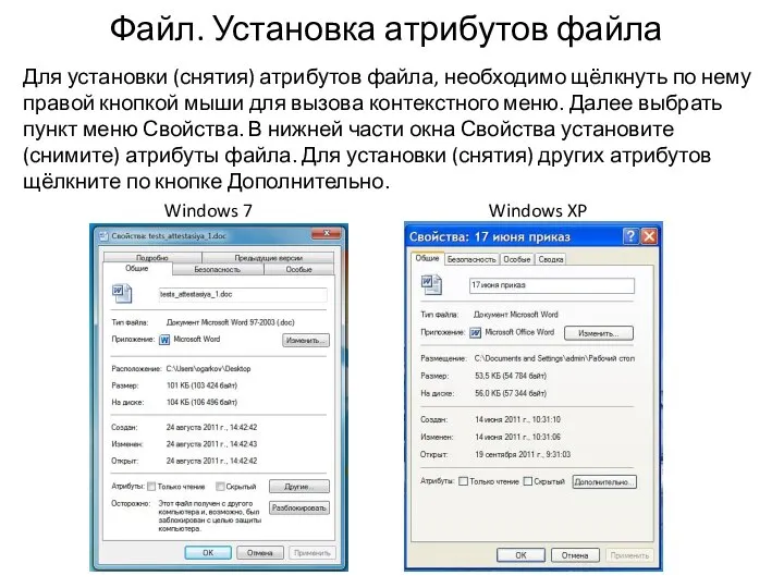 Файл. Установка атрибутов файла Для установки (снятия) атрибутов файла, необходимо щёлкнуть
