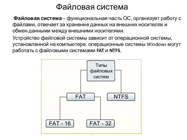 Файловая система Файловая система – функциональная часть ОС, организует работу с