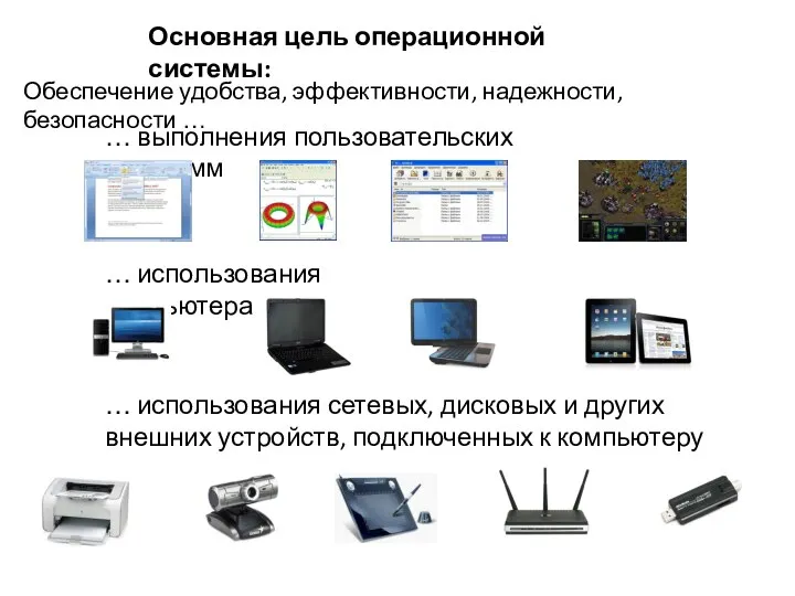 Обеспечение удобства, эффективности, надежности, безопасности … Основная цель операционной системы: …