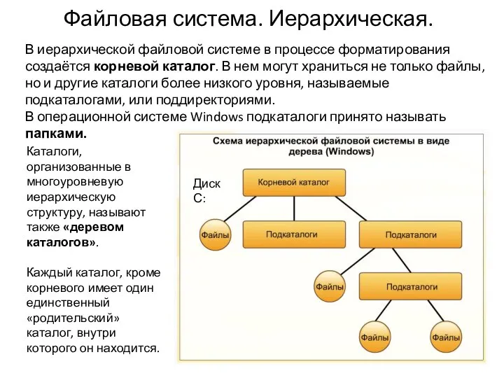 Файловая система. Иерархическая. В иерархической файловой системе в процессе форматирования создаётся