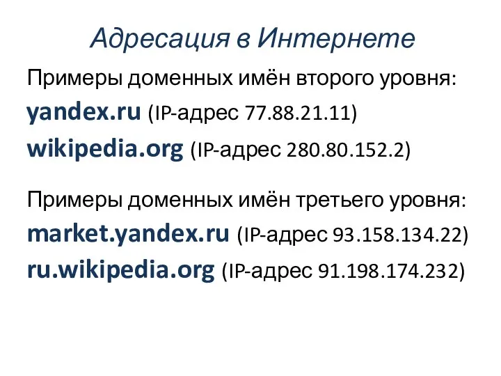 Примеры доменных имён второго уровня: yandex.ru (IP-адрес 77.88.21.11) wikipedia.org (IP-адрес 280.80.152.2)