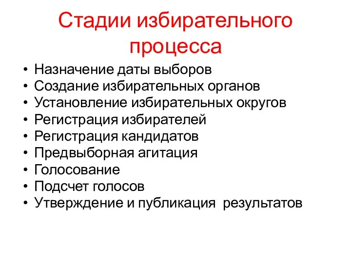 Стадии избирательного процесса Назначение даты выборов Создание избирательных органов Установление избирательных