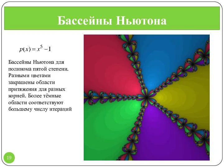 Бассейны Ньютона , Бассейны Ньютона для полинома пятой степени. Разными цветами