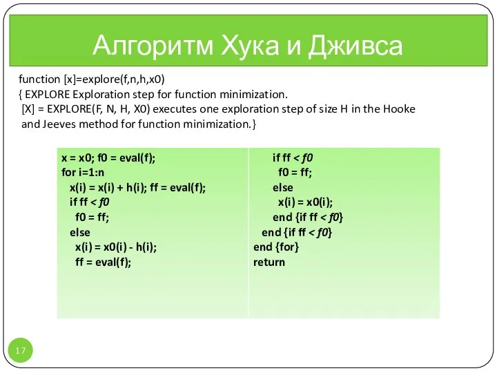 Алгоритм Хука и Дживса , function [x]=explore(f,n,h,x0) { EXPLORE Exploration step