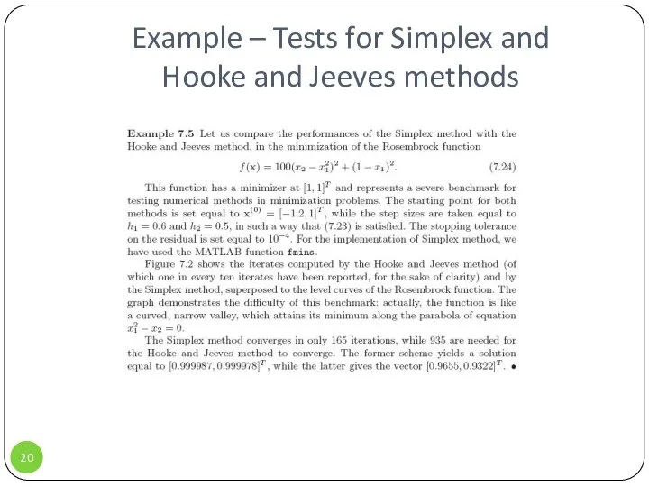 Example – Tests for Simplex and Hooke and Jeeves methods