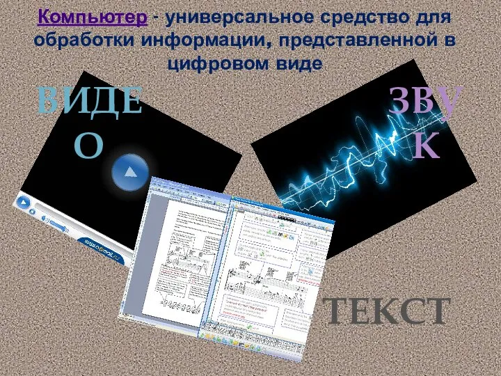 Компьютер - универсальное средство для обработки информации, представленной в цифровом виде ЗВУК ВИДЕО ТЕКСТ